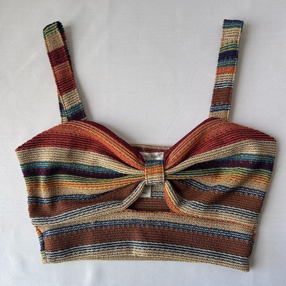 a'gaci Brown and Blue Sleeveless Tie Front Crop Tank Top